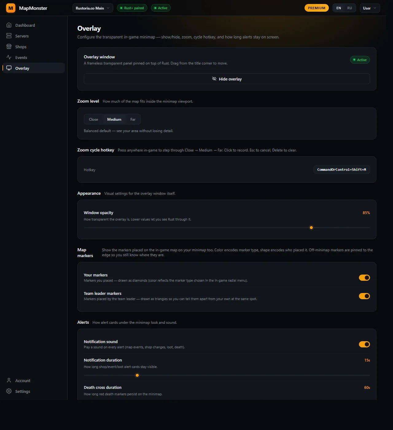 MapMonster Overlay page — full settings list: state toggle, zoom segmented (Close/Medium/Far), zoom cycle hotkey, opacity slider at 85%, map markers toggles, notification sound + duration sliders.