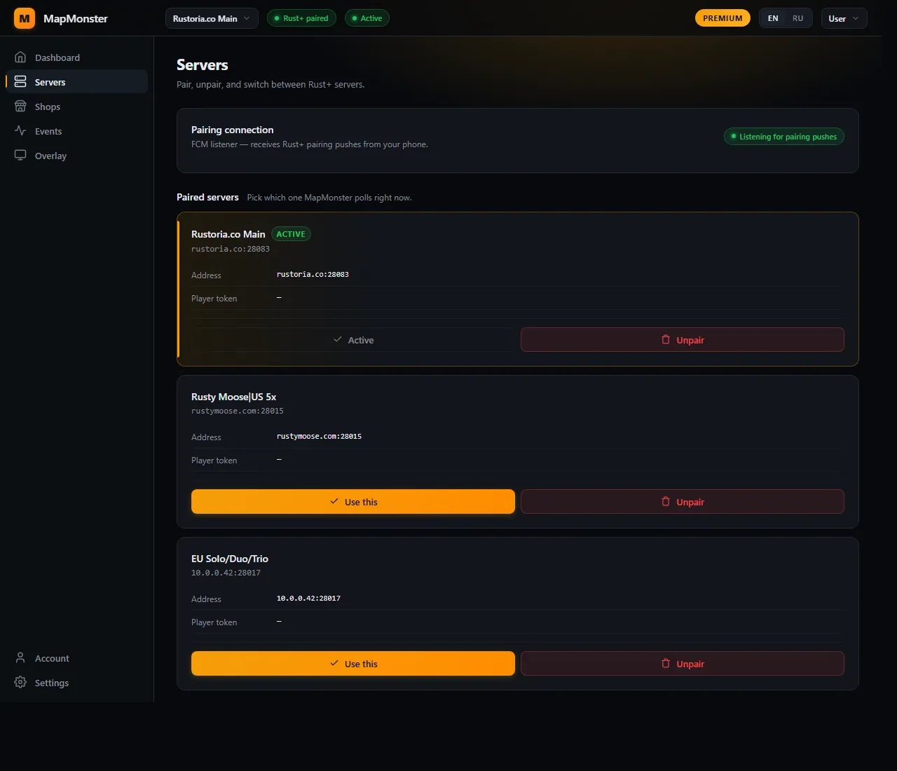MapMonster Servers page — FCM connection card, active server with the ACTIVE badge, switchable secondary servers below.