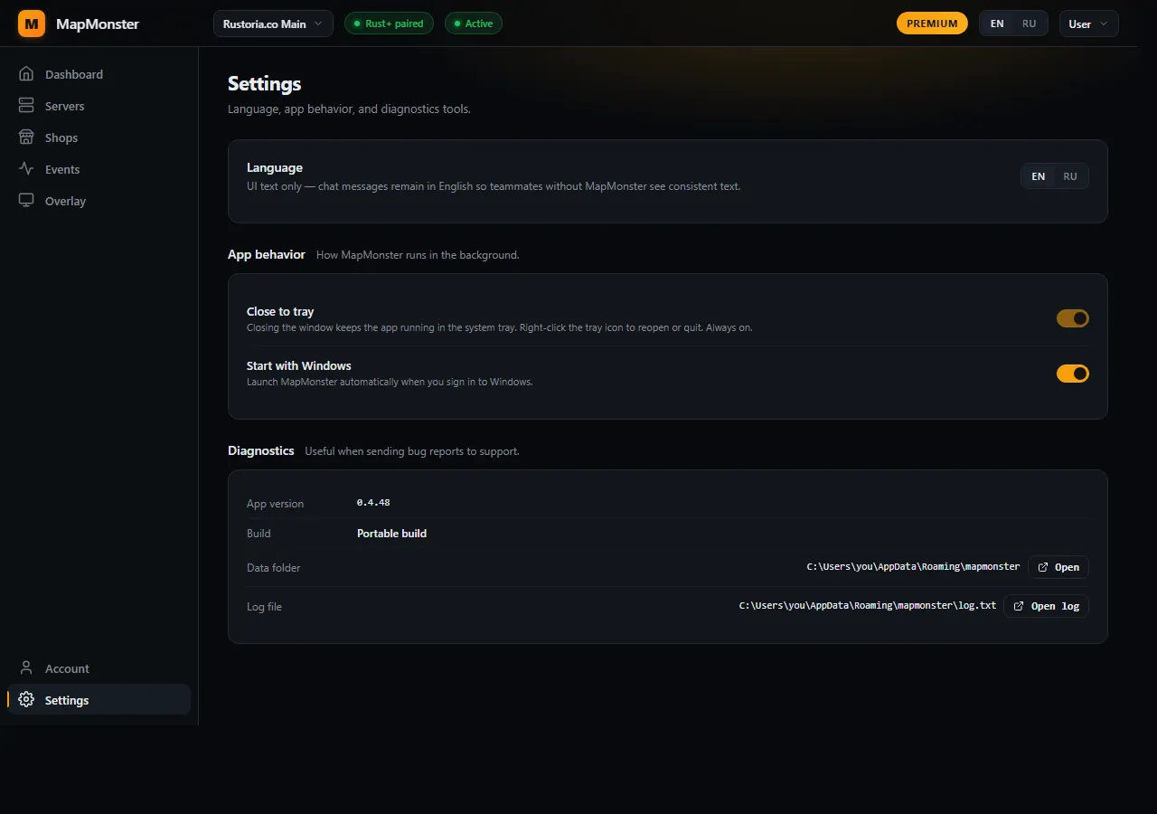 MapMonster Settings page — language switch EN/RU, Close-to-tray and Launch-on-startup toggles, Diagnostics card with version + data folder + log file paths.