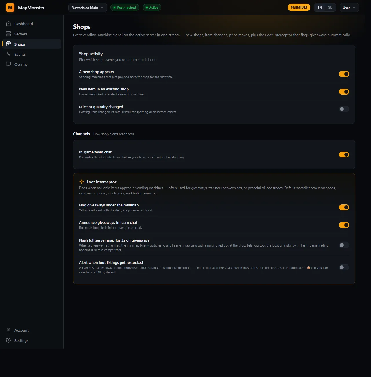 MapMonster Shops page — three Shop activity toggles, one channels toggle for team chat, plus the Loot Interceptor card with four premium toggles.