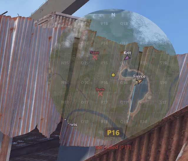 MapMonster in-game overlay — transparent minimap window on top of Rust showing team positions and event markers.